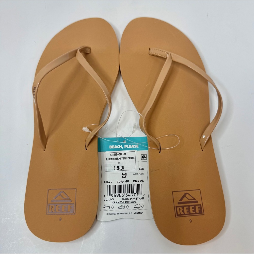 Reef Bliss Nights Natural Patent slim Sandals Flip Flops Size 9 Women